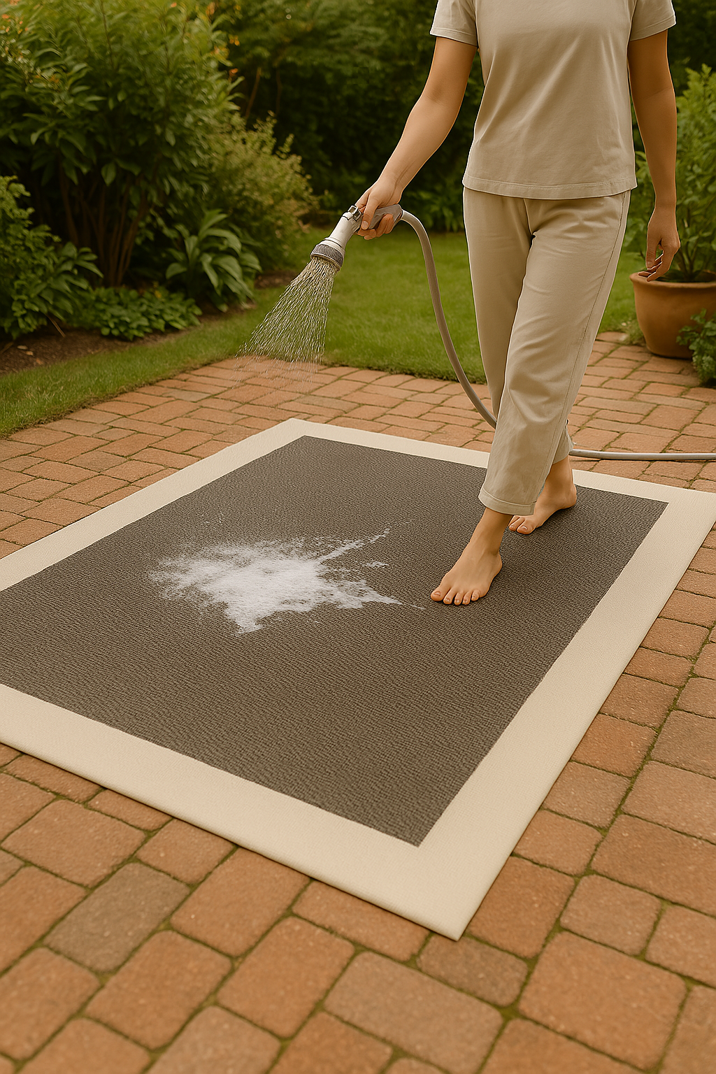 Person cleaning a dark gray and beige woven vinyl rug on a brick patio with a garden background using a hose, suitable for indoor and outdoor use