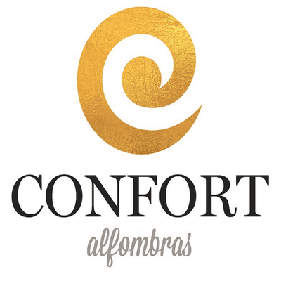 Confort Alfombras logo with gold swirl and black text for premium alfombra vinilo brand