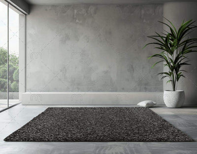 modern dark gray alfombra sensación rug in minimalist living room with concrete wall and large window